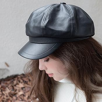 huablo]PU Leather Newsboy Cabbie Winter hat for Women Beret